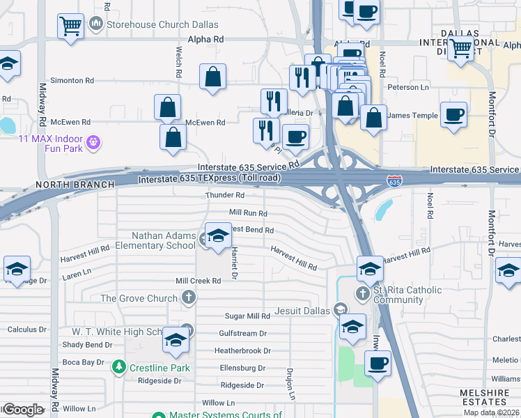 map of restaurants, bars, coffee shops, grocery stores, and more near 4907 Thunder Road in Dallas