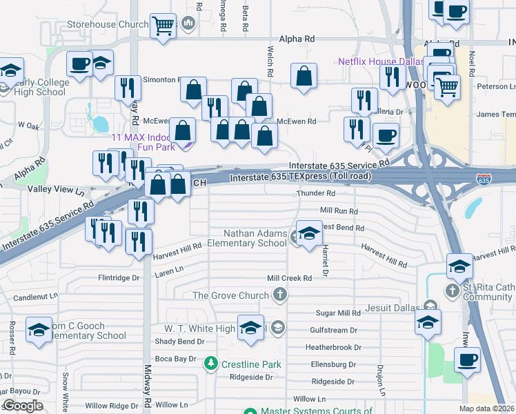 map of restaurants, bars, coffee shops, grocery stores, and more near 4515 Thunder Road in Dallas