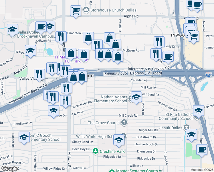 map of restaurants, bars, coffee shops, grocery stores, and more near 4445 Thunder Road in Dallas