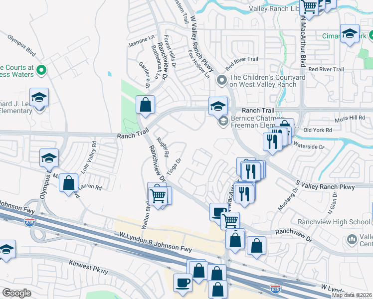 map of restaurants, bars, coffee shops, grocery stores, and more near 1201 Nocona Drive in Irving