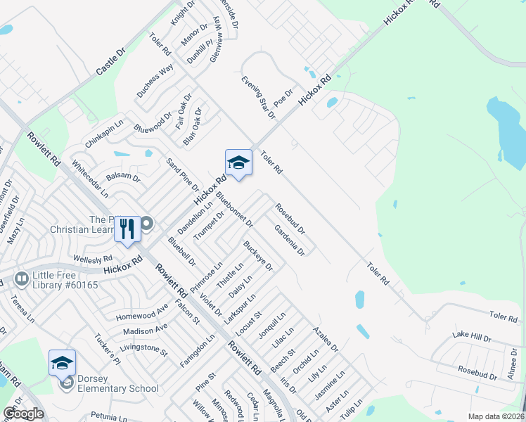 map of restaurants, bars, coffee shops, grocery stores, and more near 2717 Primrose Lane in Rowlett