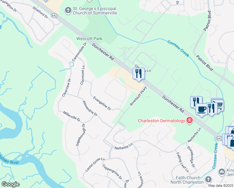 map of restaurants, bars, coffee shops, grocery stores, and more near 8708 Evangeline Drive in North Charleston