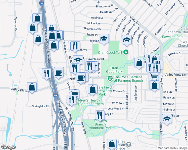map of restaurants, bars, coffee shops, grocery stores, and more near 13231 Nestle Drive in Farmers Branch