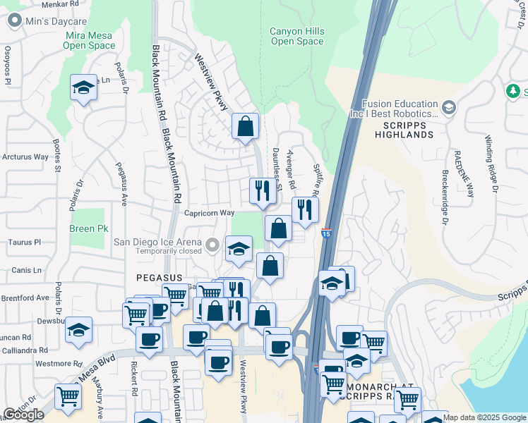 map of restaurants, bars, coffee shops, grocery stores, and more near Westview Parkway & Capricorn Way in San Diego