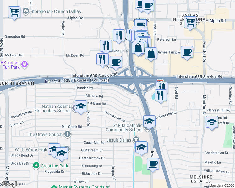map of restaurants, bars, coffee shops, grocery stores, and more near 4949 Thunder Road in Dallas