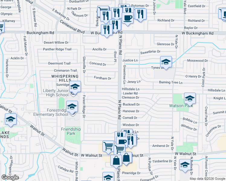 map of restaurants, bars, coffee shops, grocery stores, and more near 4501 Huntington Drive in Garland