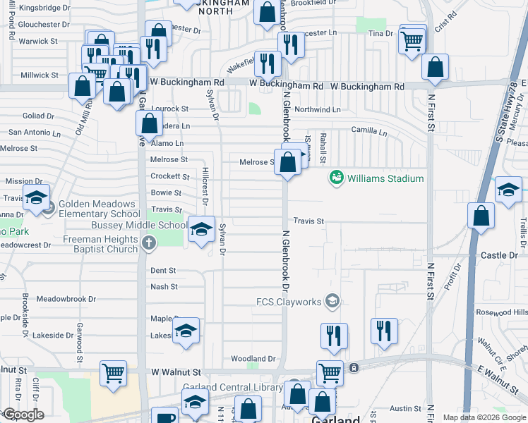 map of restaurants, bars, coffee shops, grocery stores, and more near 812 Bowie Street in Garland