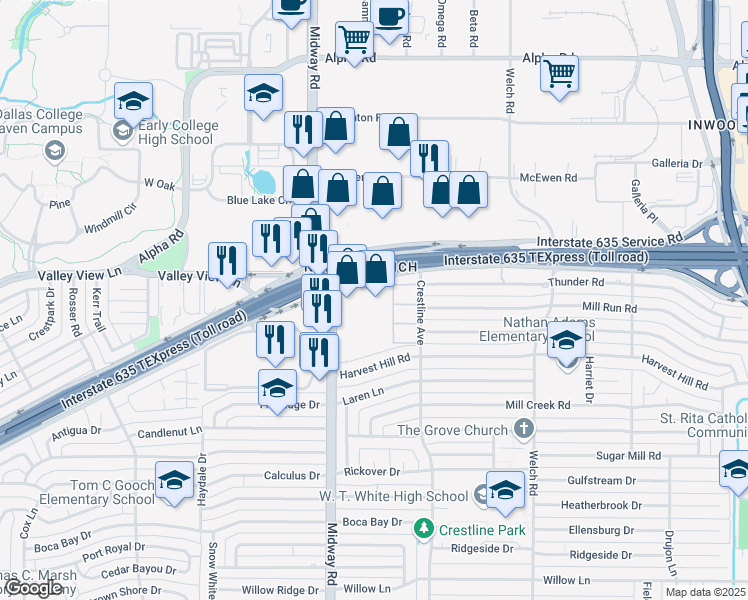 map of restaurants, bars, coffee shops, grocery stores, and more near 4230 Lyndon B Johnson Freeway in Dallas