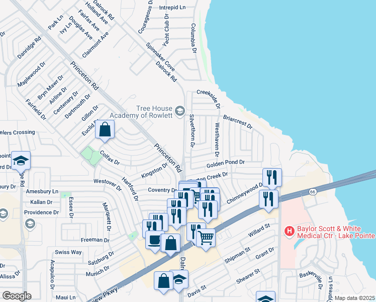map of restaurants, bars, coffee shops, grocery stores, and more near 7405 Silverthorn Drive in Rowlett