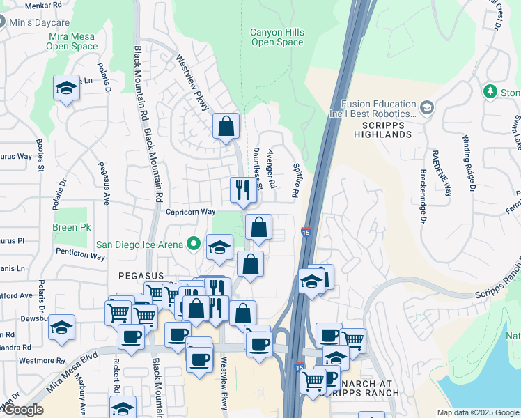 map of restaurants, bars, coffee shops, grocery stores, and more near 9817 Dauntless Street in San Diego