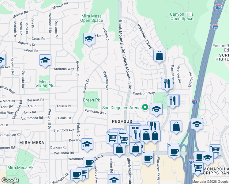 map of restaurants, bars, coffee shops, grocery stores, and more near 9249 Pebblestone Lane in San Diego