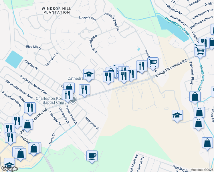 map of restaurants, bars, coffee shops, grocery stores, and more near 8108 Windsor Hill Boulevard in North Charleston