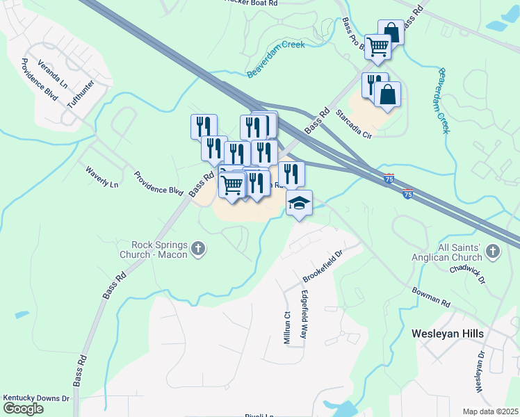 map of restaurants, bars, coffee shops, grocery stores, and more near 5441 Bowman Road in Macon