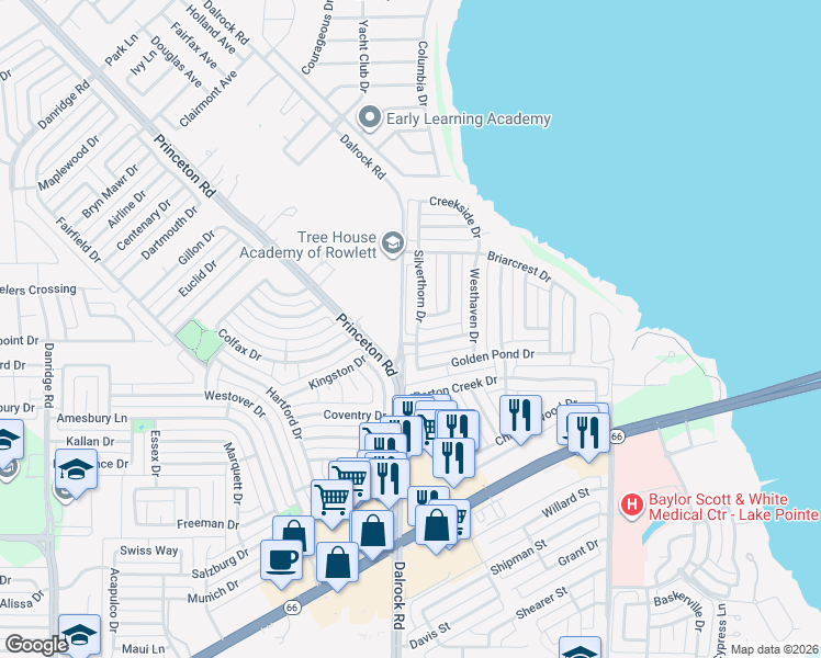 map of restaurants, bars, coffee shops, grocery stores, and more near 7405 Silverthorn Drive in Rowlett