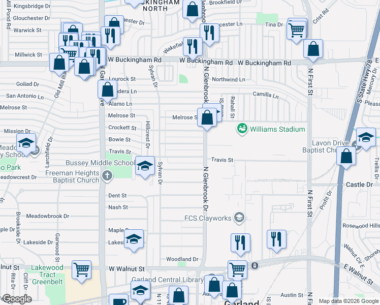 map of restaurants, bars, coffee shops, grocery stores, and more near 812 Bowie Street in Garland