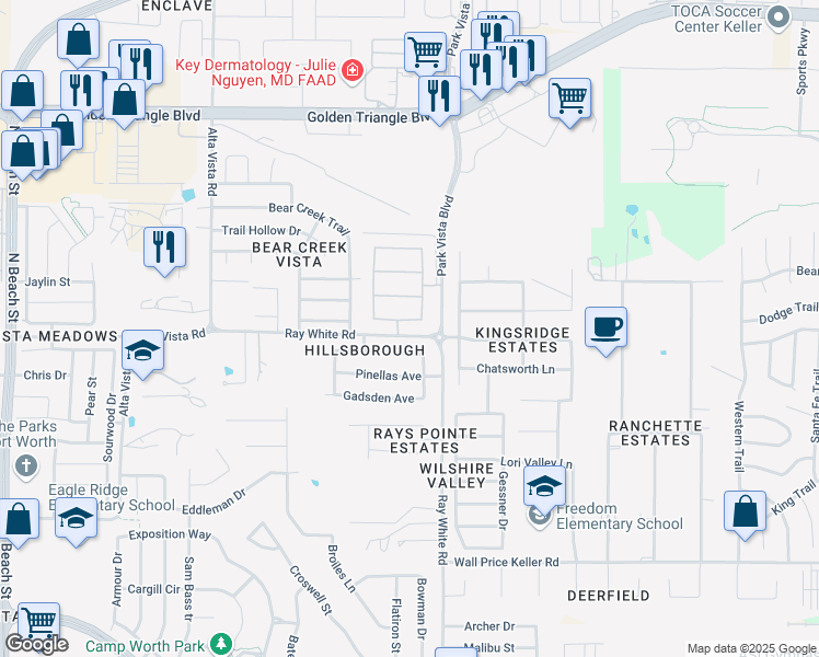 map of restaurants, bars, coffee shops, grocery stores, and more near 5145 Tortola Lane in Fort Worth