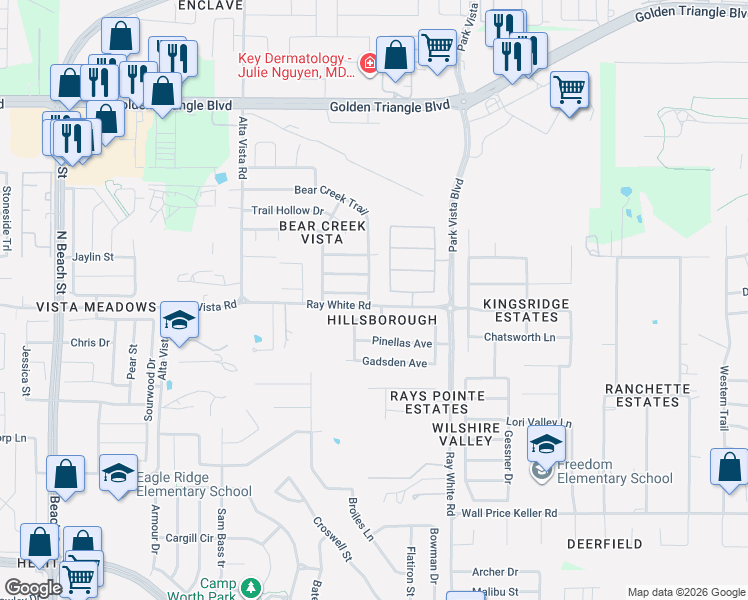 map of restaurants, bars, coffee shops, grocery stores, and more near 4949 Trail Creek Drive in Fort Worth