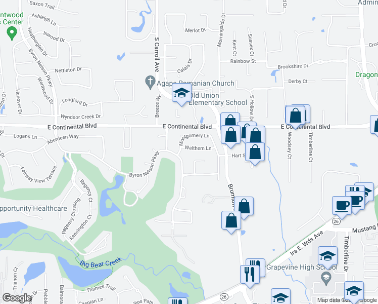 map of restaurants, bars, coffee shops, grocery stores, and more near 1409 Walthem Lane in Southlake