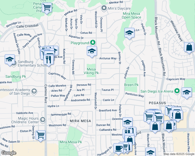 map of restaurants, bars, coffee shops, grocery stores, and more near 11167 Westonhill Drive in San Diego