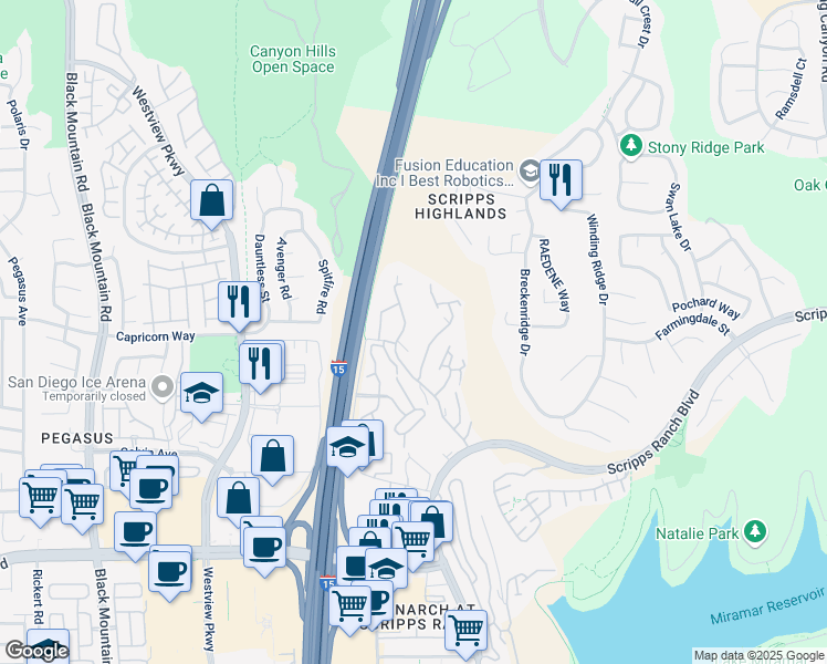 map of restaurants, bars, coffee shops, grocery stores, and more near 9930 Scripps Vista Way in San Diego