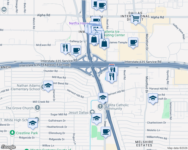 map of restaurants, bars, coffee shops, grocery stores, and more near Lyndon B Johnson Fwy & Inwood Rd in Dallas