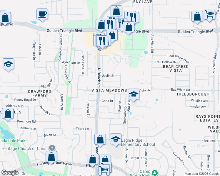 map of restaurants, bars, coffee shops, grocery stores, and more near 4540 Dragonfly Way in Fort Worth