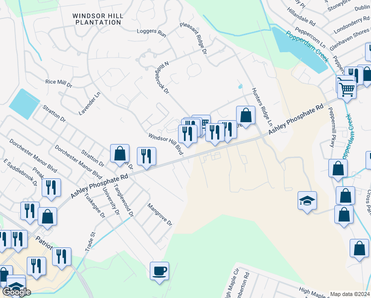 map of restaurants, bars, coffee shops, grocery stores, and more near 8108 Windsor Hill Boulevard in North Charleston