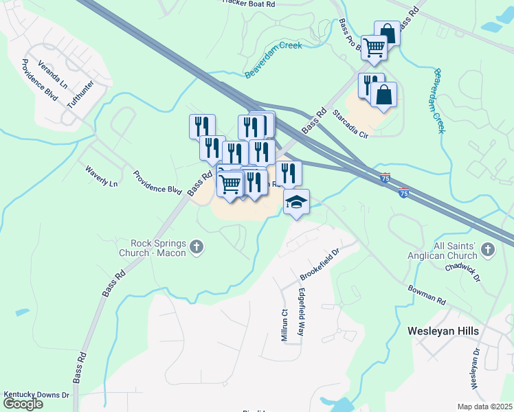 map of restaurants, bars, coffee shops, grocery stores, and more near 5437 Bowman Road in Macon
