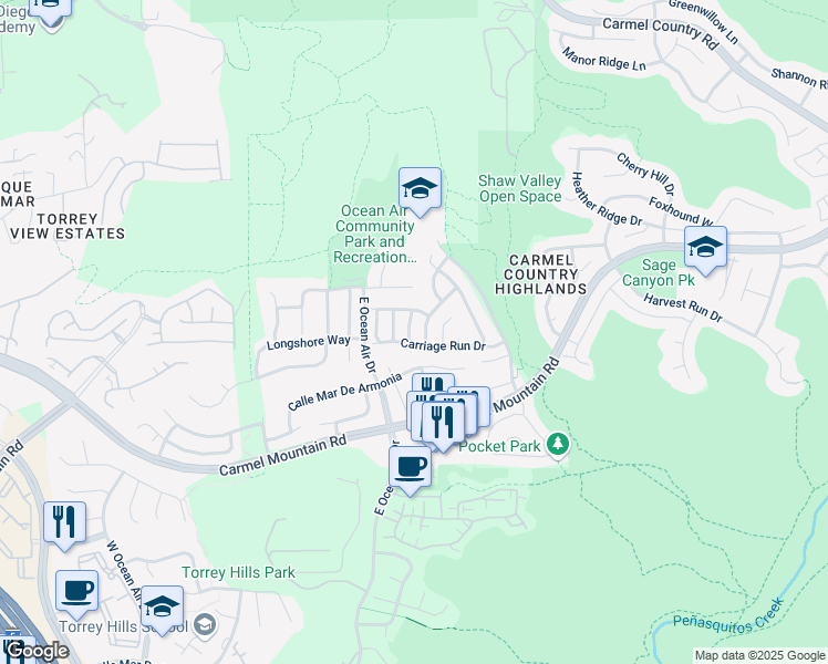 map of restaurants, bars, coffee shops, grocery stores, and more near 11379 Cadence Grove Way in San Diego