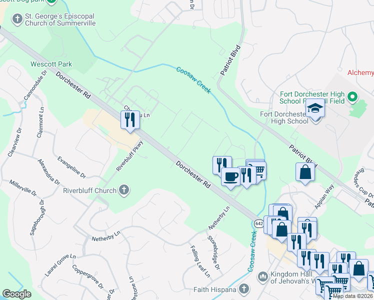 map of restaurants, bars, coffee shops, grocery stores, and more near 2B Dorchester Road in Summerville