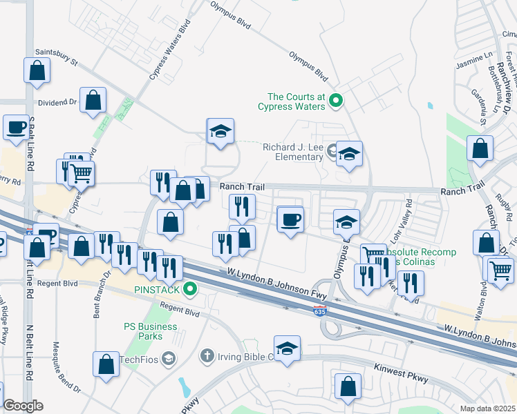 map of restaurants, bars, coffee shops, grocery stores, and more near 2522 Bailey Court in Irving