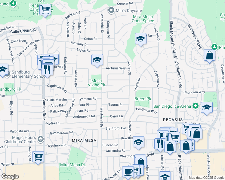 map of restaurants, bars, coffee shops, grocery stores, and more near 8832 Capricorn Way in San Diego