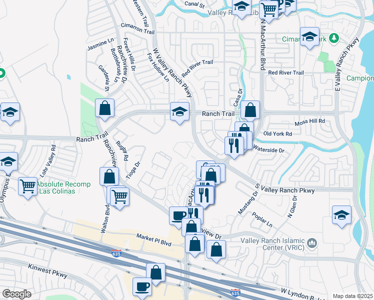 map of restaurants, bars, coffee shops, grocery stores, and more near 8665 Valley Ranch Parkway West in Irving