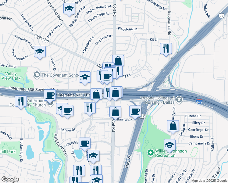 map of restaurants, bars, coffee shops, grocery stores, and more near Coit Road in Dallas