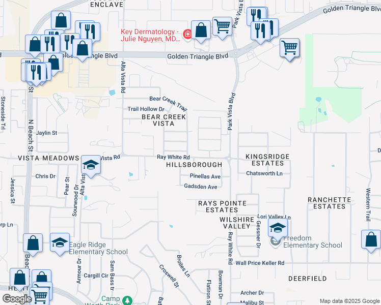 map of restaurants, bars, coffee shops, grocery stores, and more near 4949 Trail Creek Drive in Fort Worth