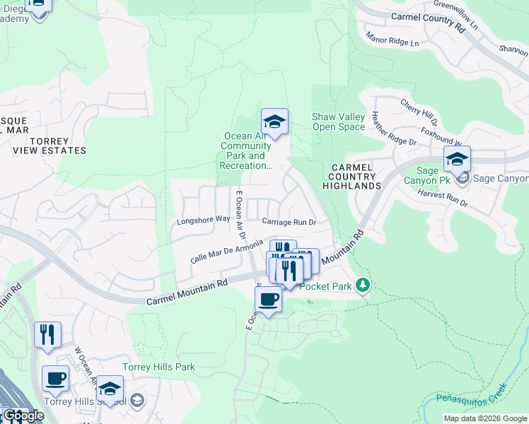 map of restaurants, bars, coffee shops, grocery stores, and more near 11373 Saddle Cove Lane in San Diego