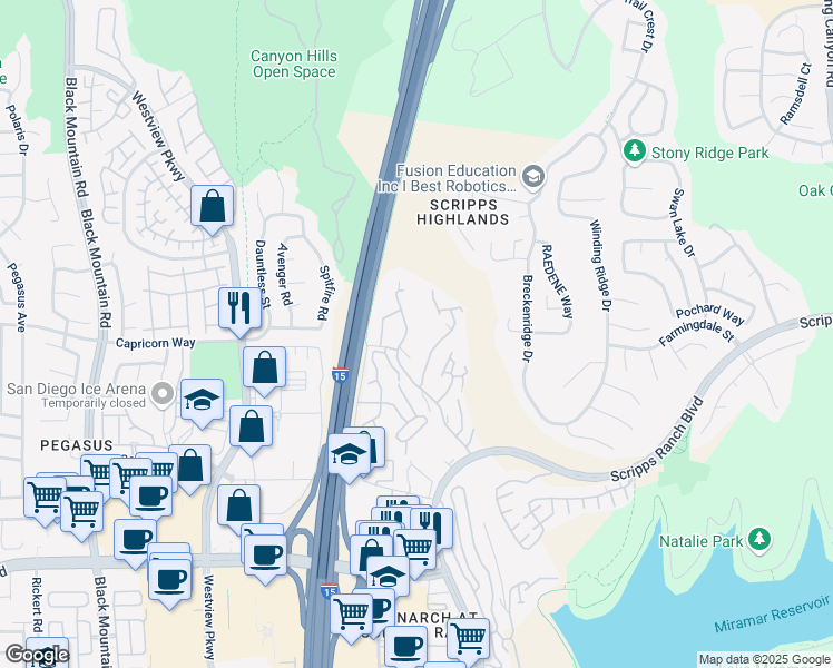 map of restaurants, bars, coffee shops, grocery stores, and more near 9950 Scripps Vista Way in San Diego