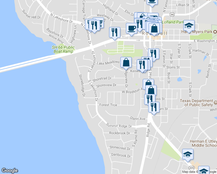 map of restaurants, bars, coffee shops, grocery stores, and more near 511 Shoreview Drive in Rockwall