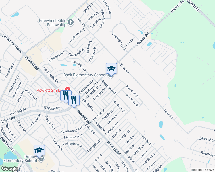 map of restaurants, bars, coffee shops, grocery stores, and more near 7300 Bluebonnet Drive in Rowlett