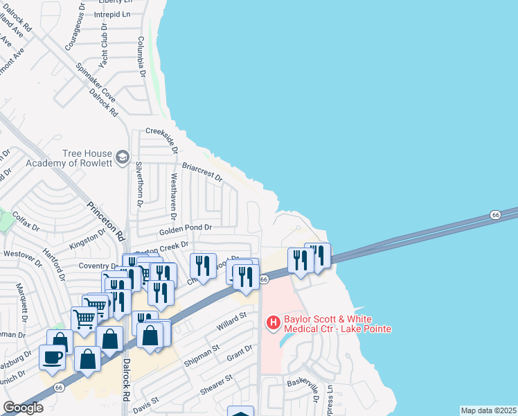 map of restaurants, bars, coffee shops, grocery stores, and more near 7300 Scenic Drive in Rowlett