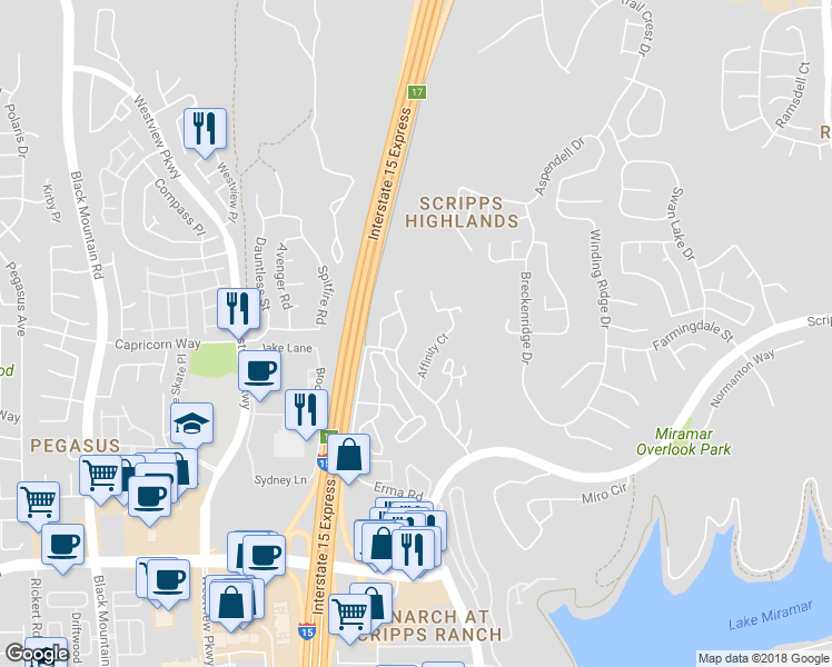 map of restaurants, bars, coffee shops, grocery stores, and more near 9950 Scripps Vista Way in San Diego