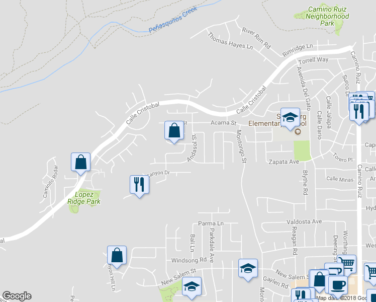 map of restaurants, bars, coffee shops, grocery stores, and more near 7596 Alonda Way in San Diego