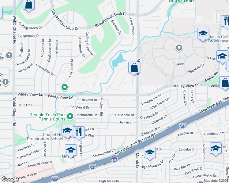 map of restaurants, bars, coffee shops, grocery stores, and more near 13208 Glad Acres Drive in Farmers Branch