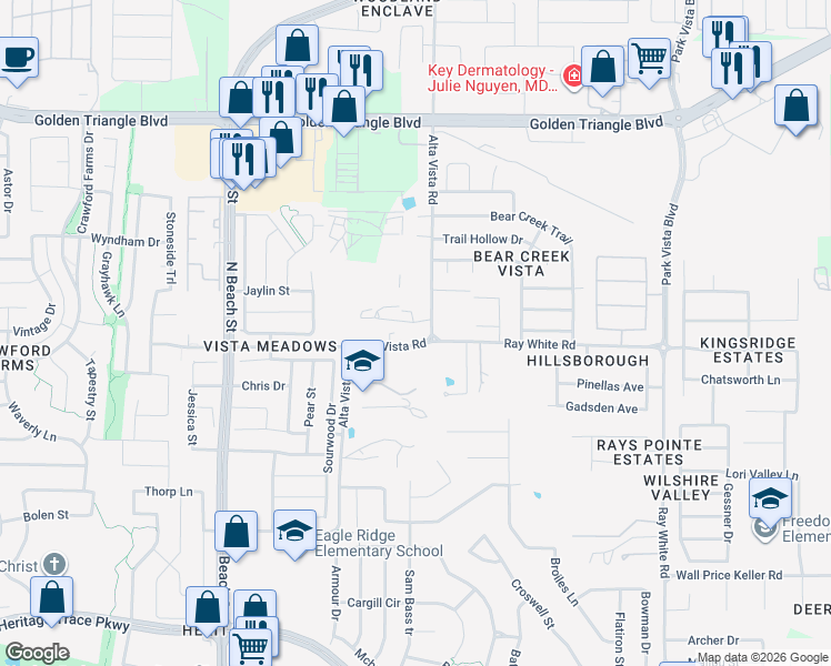 map of restaurants, bars, coffee shops, grocery stores, and more near 10315 Alta Vista Road in Fort Worth