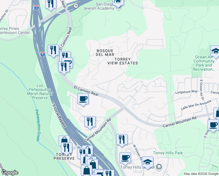map of restaurants, bars, coffee shops, grocery stores, and more near 11344 East San Raphael Driveway in San Diego