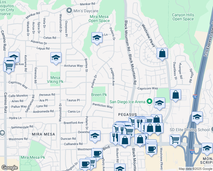 map of restaurants, bars, coffee shops, grocery stores, and more near 9099 Capricorn Way in San Diego