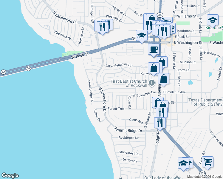 map of restaurants, bars, coffee shops, grocery stores, and more near 518 Shoreview Drive in Rockwall
