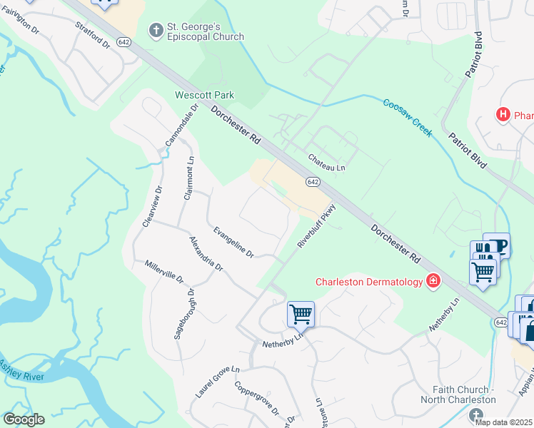 map of restaurants, bars, coffee shops, grocery stores, and more near 8708 Evangeline Drive in North Charleston