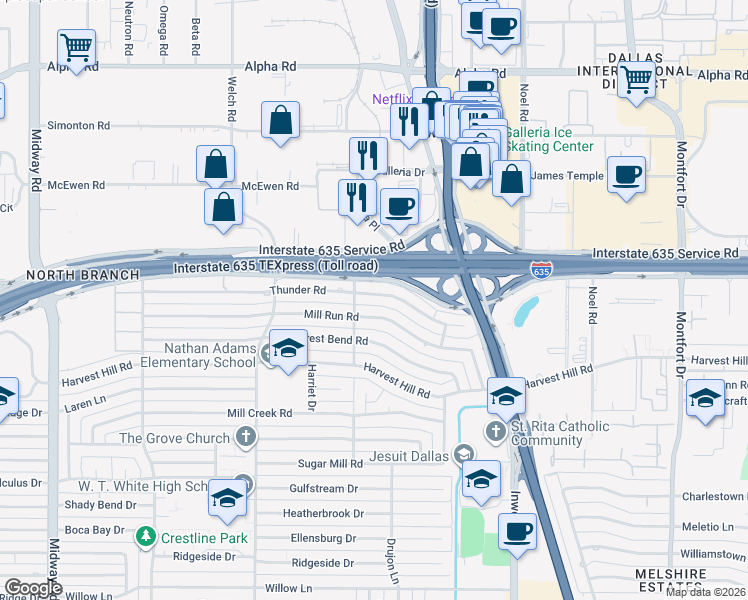 map of restaurants, bars, coffee shops, grocery stores, and more near 4907 Thunder Road in Dallas