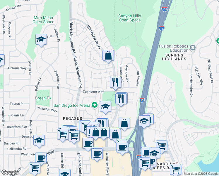 map of restaurants, bars, coffee shops, grocery stores, and more near 9630 Capricorn Way in San Diego